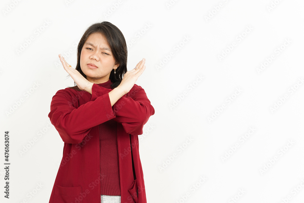 Rejection Gesture Of Beautiful Asian Woman Wearing Red Shirt Isolated On White Background Rejection Gesture Of Beautiful Asian Woman Wearing Red Shirt Isolated On White Background