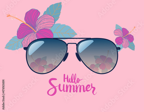 Sunglass hello summer and hibiscus. Vector design illustration