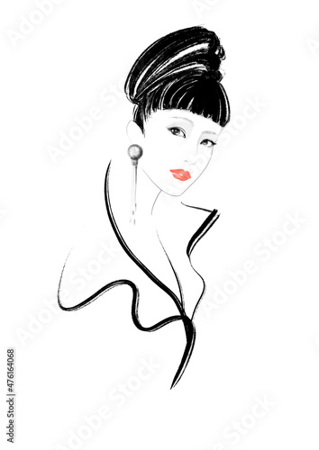 美しい女性のイラスト　ファッションイラストレーション　水墨画　ポートレイト　白黒