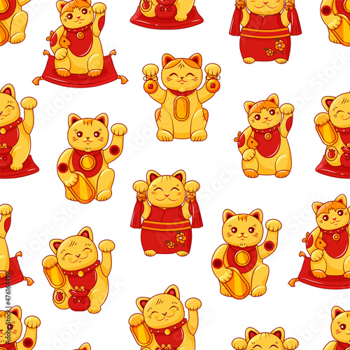 Golden Maneki neko seamless pattern.Japanese cats of luck and wealth for printing on paper and fabric. Vector cartoon background