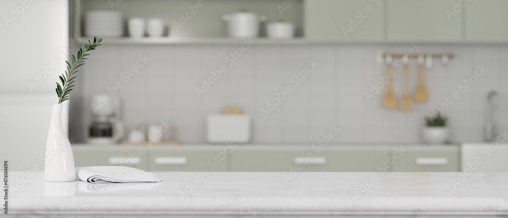 Obraz na płótnie Marble kitchen countertop with copy space over bright elegance kitchen w salonie