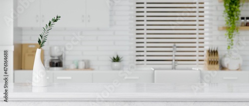 Modern bright and clean kitchen with copy space on marble kitchen countertop