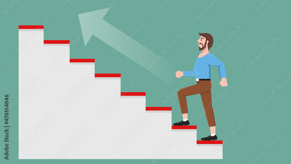 Fototapeta premium Businessman in a private suit walks up the stairs. Stairs are white and the floor is red. Blurred of upward slanting white arrow. On isolated soft green background.