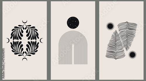 Set of three backgrounds for typography, decor design, covers. Vintage stylish illustration in boho style with arch, sun, lines, plant, crescent. Black geometric shapes on beige.