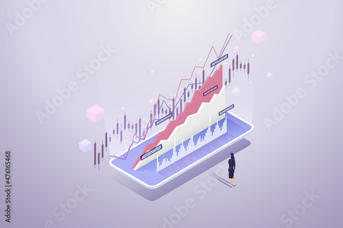 Businesswoman looking chart financial on a smartphone mobile phone.