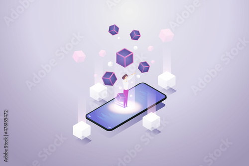 Woman stands on smartphone and experiences Blockchain technology.