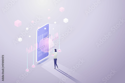 Woman experience 3D Metaverse, the limitless virtual reality technology for future smartphone