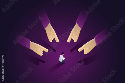 Boy surrounded by the hands of the surrounding people pointed at him.