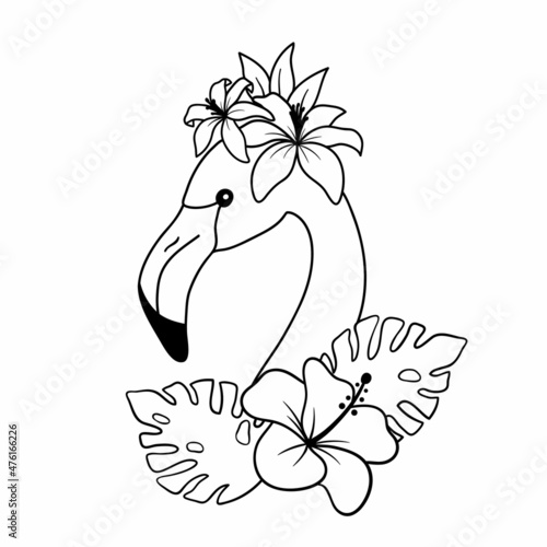 Vector illustration of flamingo isolated on white background. Line image of tropical bird. Outline floral flamingo with flowers