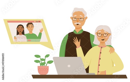 Happy grandparents has video call with their grandson and his bride. Modern technologies for senior. Vector illustration