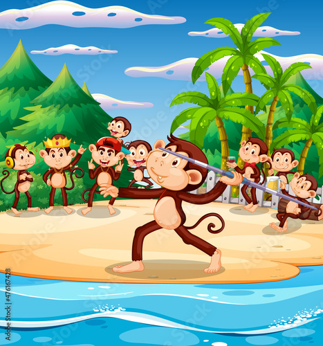 Beach scene with monkey playing javelin