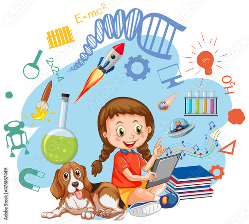 Young girl using tablet with education objects