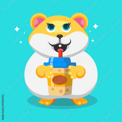Cute hamster drink bubble tea cartoon design illustration vector