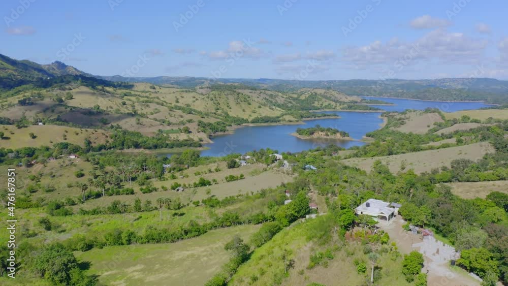 Scenic View Of Presa de Bao In Dominican Republic During Daytime - aerial drone shot Scenic View Of Presa de Bao In Dominican Republic During Daytime - aerial drone shot