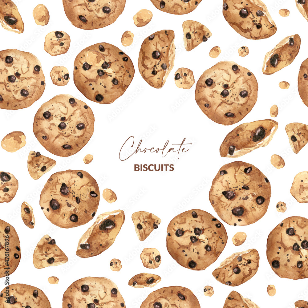 Background of watercolor biscuits with chocolate Background of watercolor biscuits with chocolate