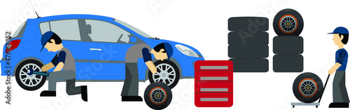 Mechanic in a garage set. Wheels and tyre fitting service. Transportation, tire repair, computerized balancing collection. Editable vector illustration in cartoon style isolated on white background
