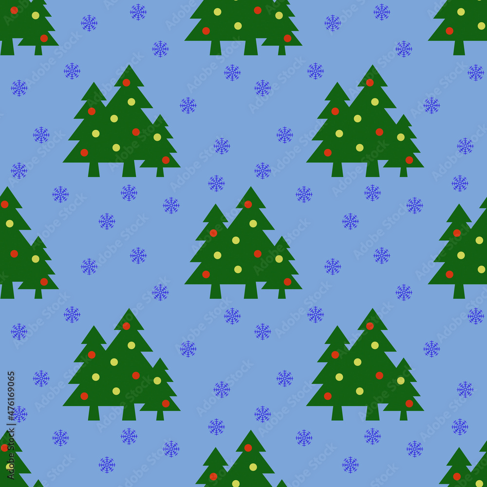 Seamless pattern. Image of green Christmas trees with balls and snowflakes on pastel red backgrounds. Symbol of New Year and Christmas. Template for application to surface. 3D image. 3d rendering