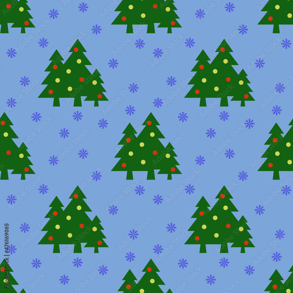 Seamless pattern. Image of green Christmas trees with balls and snowflakes on pastel red backgrounds. Symbol of New Year and Christmas. Template for application to surface. 3D image. 3d rendering Seamless pattern. Image of green Christmas trees with balls and snowflakes on pastel red backgrounds. Symbol of New Year and Christmas. Template for application to surface. 3D image. 3d rendering