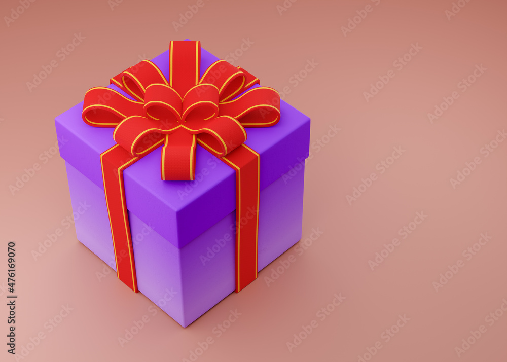 Purple gift box with red wrapping ribbon and a bow at the top with copyspace on a pastel background. 3D render. Purple gift box with red wrapping ribbon and a bow at the top with copyspace on a pastel background. 3D render.