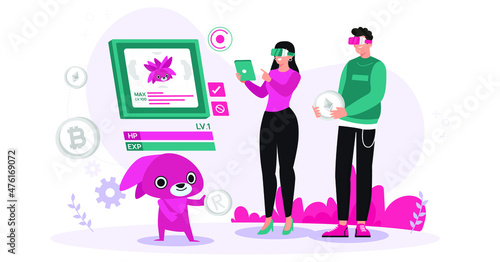 Man and woman investing buy virtual world game character with crypto NFT token selling technology for digital currency. Flat vector.