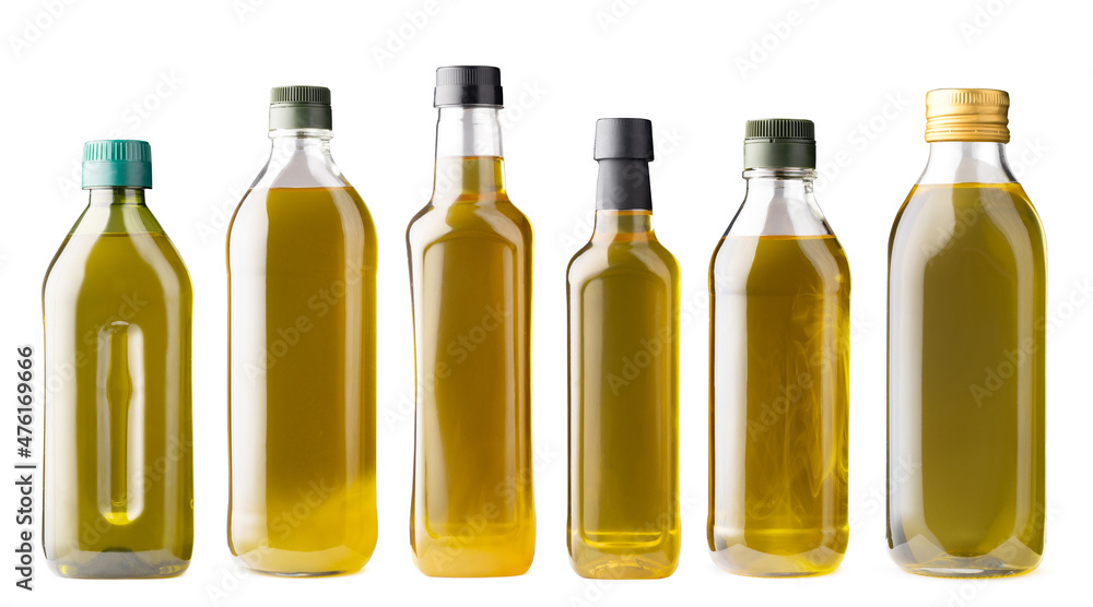 Row of olive oil bottles isolated on white