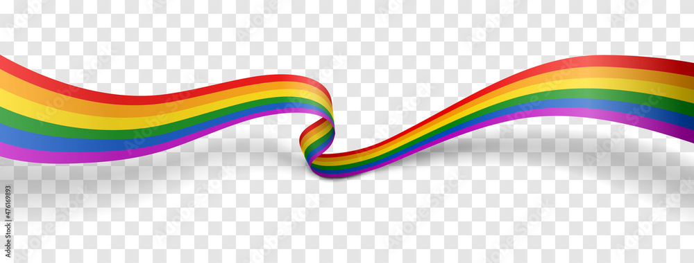 Waving ribbon of LGBT pride isolated on transparent background. LGBTQ colors flag. Love, freedom, support and rights realistic vector illustration. - obrazy, fototapety, plakaty 