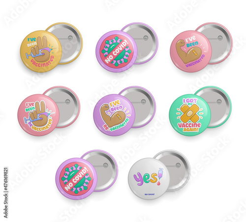 Set of Covid-19 vaccination metallic 3d pin buttons. Immunization campaign, coronavirus control round metallic glossy pin badges with quotes realistic realistic vector illustration isolated on white
