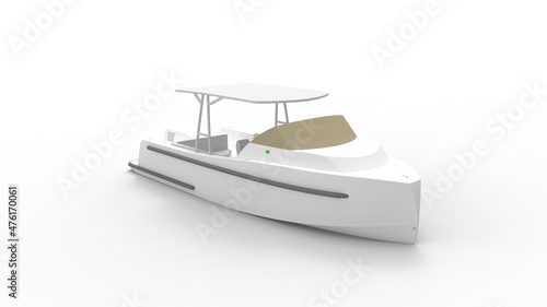 3D rendering of a small leisure motor boat yacht isolated in a white studio background