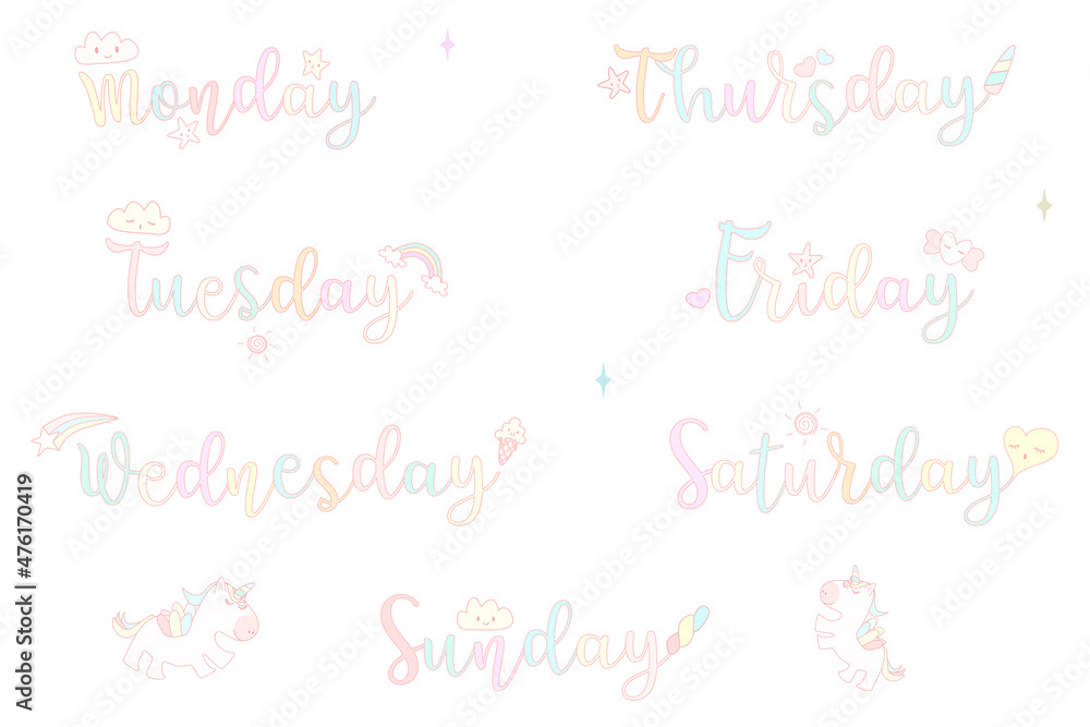 Vector - Handwritten day of the week on unicorn concept. Monday, Tuesday, Wednesday, Thursday, Friday, Saturday and Sunday. Pastel color. Can be use decorate Diary, Planner, Calendar.