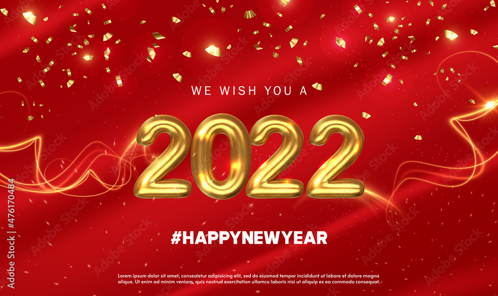 Happy new year 2022 with golden numbers and festive confetti on red background. Shiny party background. New year ornament. Festive premium template for holiday. Vector holiday illustration