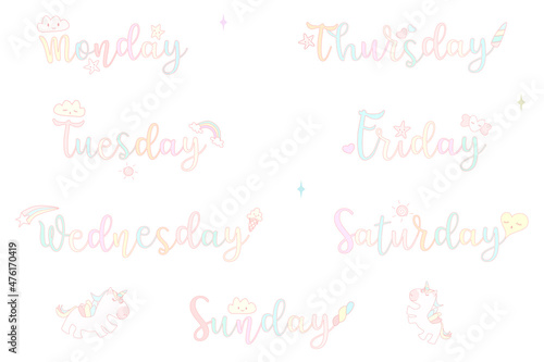 Vector - Handwritten day of the week on unicorn concept. Monday, Tuesday, Wednesday, Thursday, Friday, Saturday and Sunday. Pastel color. Can be use decorate Diary, Planner, Calendar.