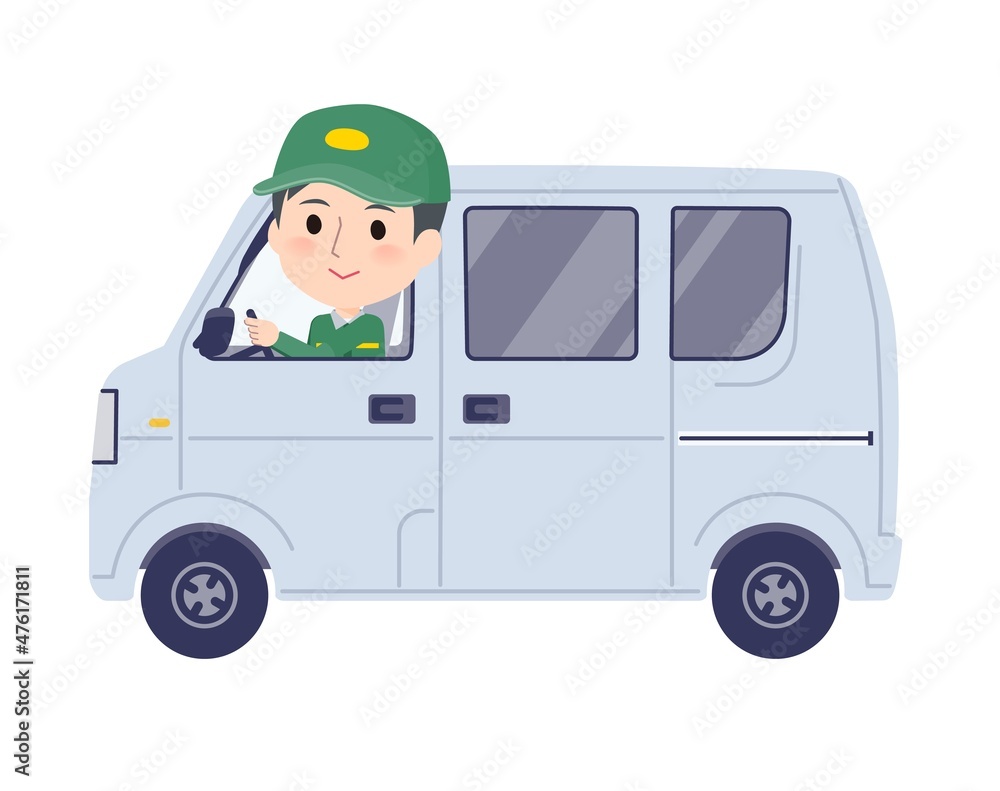 郵便車に乗った運送配達員男性のセット