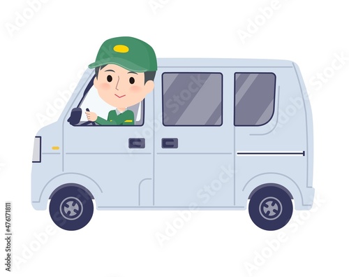 郵便車に乗った運送配達員男性のセット