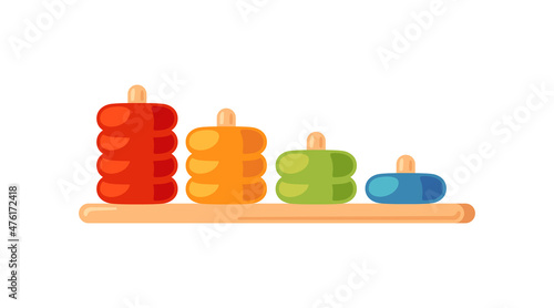 Montessori education logic toy. Baby multicolored sorter. Children wooden toy for preschool kids. Montessori system for early childhood development. Vector illustration isolated on white background.
