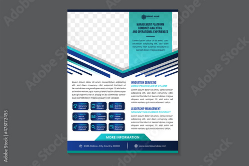 management platform flyer design Template with infographic. modern vertical layout with half hexagon space for photo collage. Combination multicolored blue on element and white on background. 