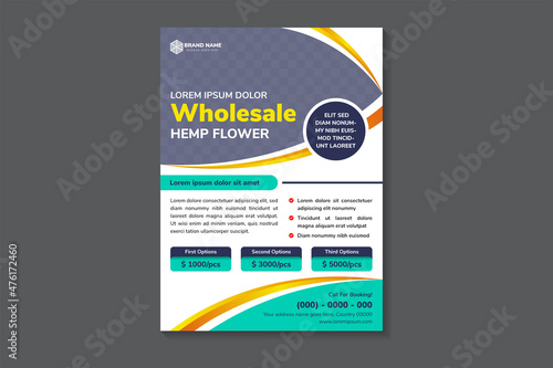 wholesale hemp flower flyer template. Natura cbd product, hemp oil. white background and curved yellow and blue elements. Space for photo collage. Online advertising for online marketing.