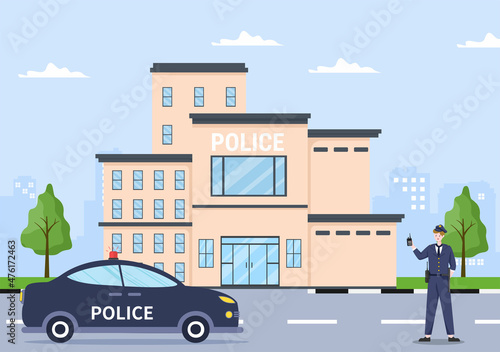 Fototapeta Naklejka Na Ścianę i Meble -  Police Station Department Building with Policeman and Police Car in Flat Style Background Illustration
