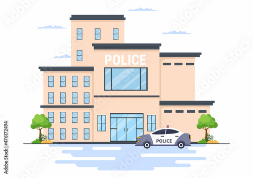 Police Station Department Building with Policeman and Police Car in Flat Style Background Illustration