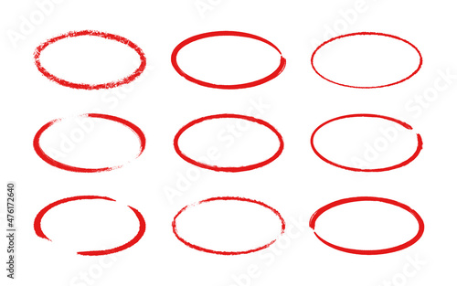 Ink oval frame. Grunge empty red boxes set. Ellipse borders collections. Rubber stamp imprint. Hand drawn vector illustration isolated on white background.