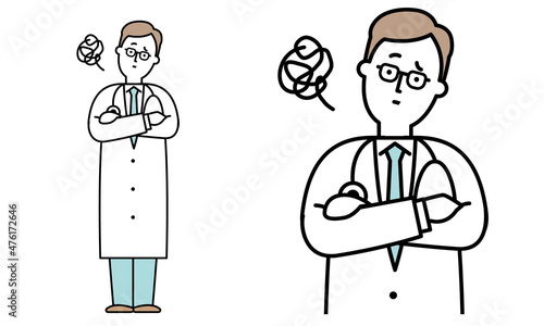 腕組みをして悩んでいる白衣で聴診器を首からかけた男性の医者のイラスト素材。