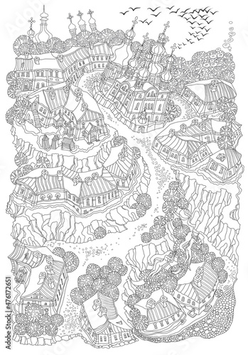 Vector black and white fantasy landscape, fairy tale small town buildings, street, church, witch flying on pommel on a white background. T-shirt print. Adults Coloring Book page 