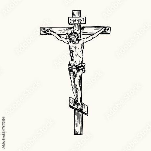 Jesus Christ crucified. Ink black and white doodle drawing in woodcut style with inscription.