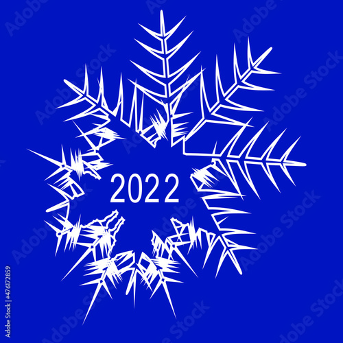 New year 2022 logo vector illustration. Isolated, white numbers and a snowflake on a blue background. Use for postcards, posters, notebook covers 