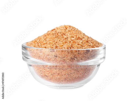 Pink salt with spices in glass bowl isolated on white
