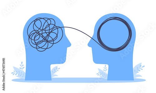 Psychologist consulting or mental problem solving brainstorm concept. Human heads with tangled chaos disorder turns into order line, finding solution. Coach, mentoring psychotherapy. Complex to simple