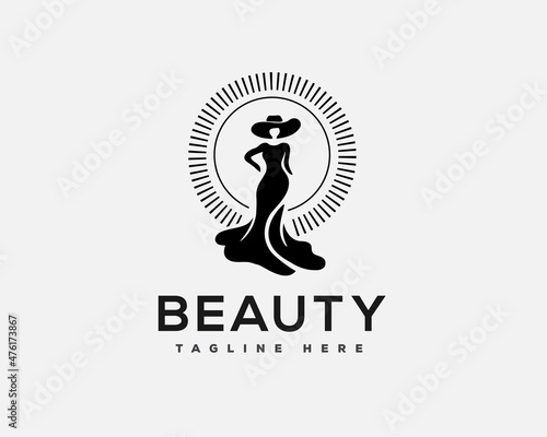 circle glow women beauty full body model logo template illustration