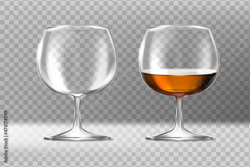 3d realistic vector icon. Set of two glassses with cognac. Empty and full. Isolated on transparent background.