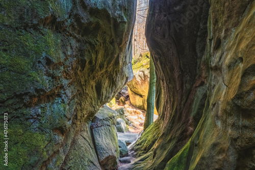 Split stone rock, inside view. Ternoshorskaya Lada. Dovbush Rocks. Carpathians, Kosiv district, Ivano-Frankivsk region, Ukraine photo
