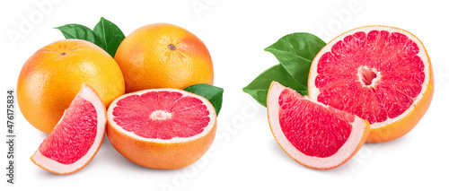 grapefruit and slice with leaves isolated on white background, Set or collection