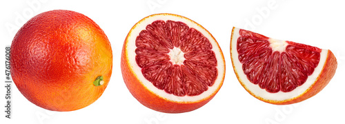 Blood red oranges isolated on white background. Top view. Flat lay. Set or collection